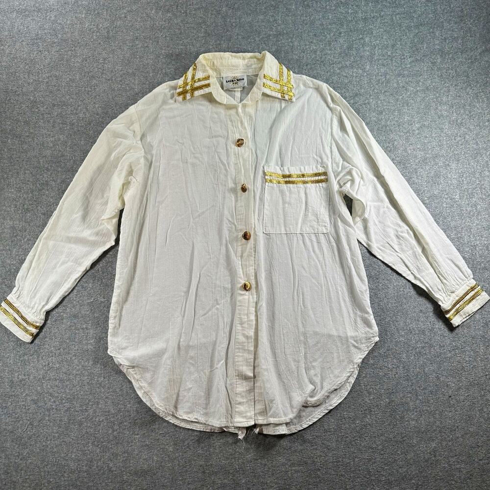 Laura Kidd White Gold Trim Cotton Gauze Collared Shell Buttons Long Sleeve PXS